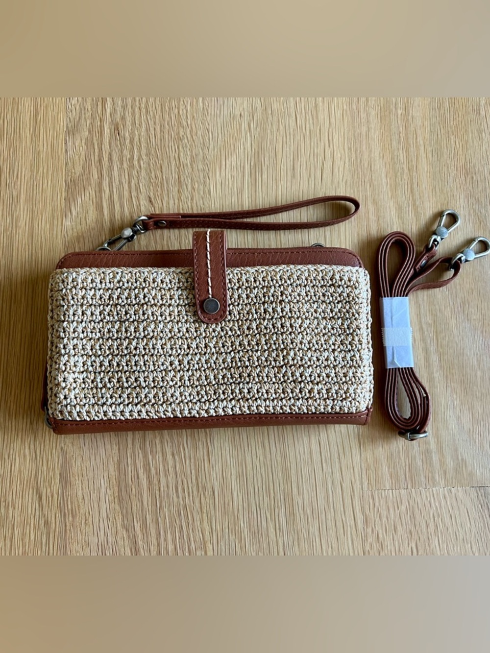 The Sak Woven Cream and Brown Wristlet Clutch with Crossbody Option
